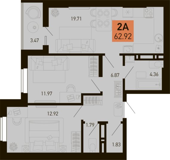 2-комнатная квартира №268 61,19 м2 от застройщика ГК ТОЧНО