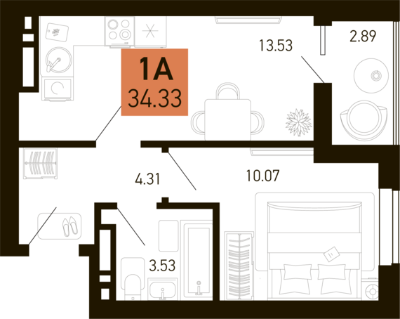1-комнатная квартира №515 32,89 м2 от застройщика ГК ТОЧНО