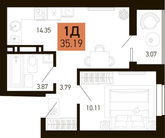 1-комнатная квартира №487 33,66 м2 от застройщика ГК ТОЧНО