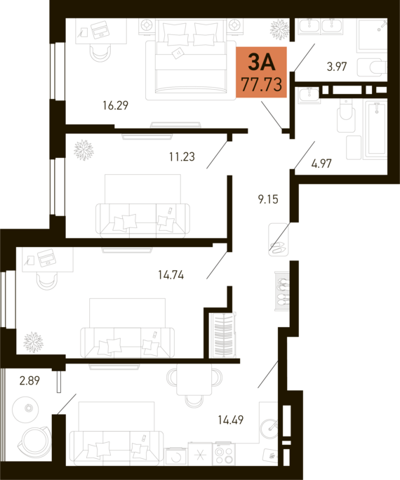 3-комнатная квартира №473 76,29 м2 от застройщика ГК ТОЧНО