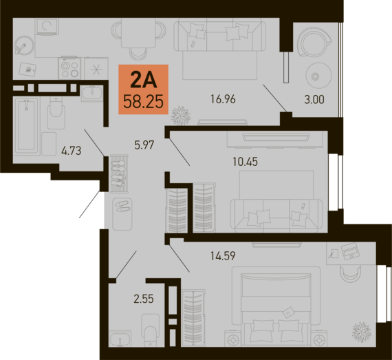2-комнатная квартира №514 56,75 м2 от застройщика ГК ТОЧНО