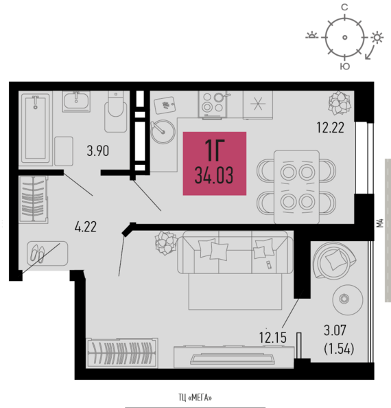 1-комнатная квартира №14 34,03 м2 от застройщика ГК ТОЧНО