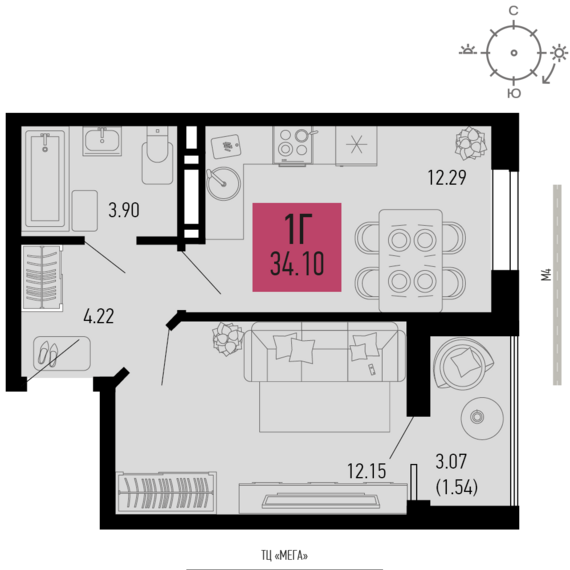1-комнатная квартира №44 34,1 м2 от застройщика ГК ТОЧНО