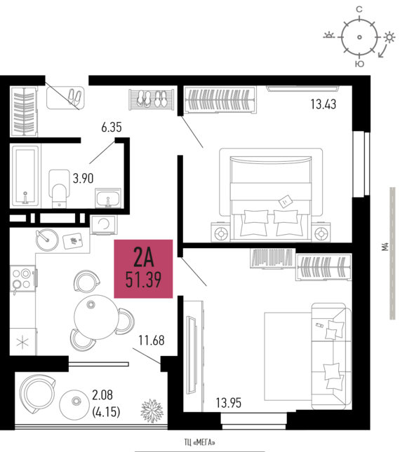 2-комнатная квартира №304 51,39 м2 от застройщика ГК ТОЧНО