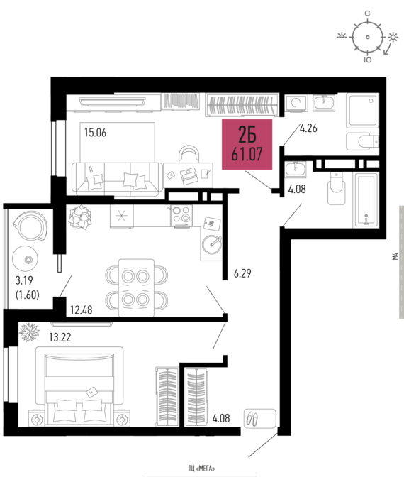 2-комнатная квартира №282 61,07 м2 от застройщика ГК ТОЧНО