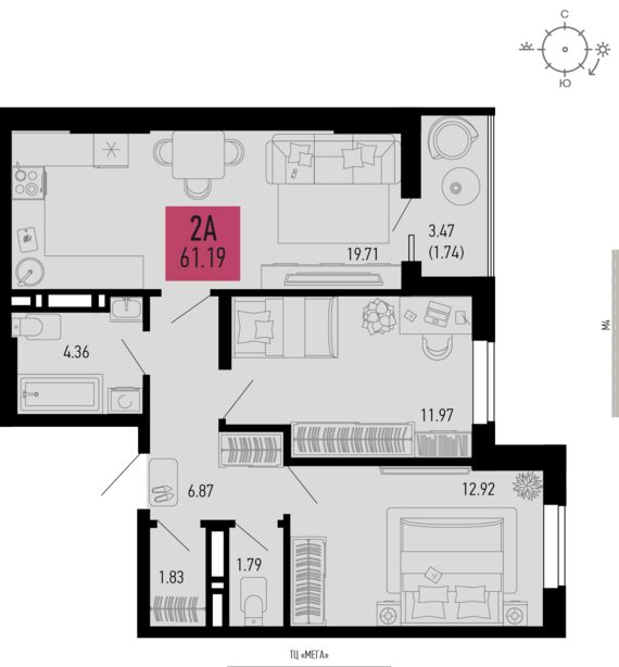 2-комнатная квартира №307 61,19 м2 от застройщика ГК ТОЧНО