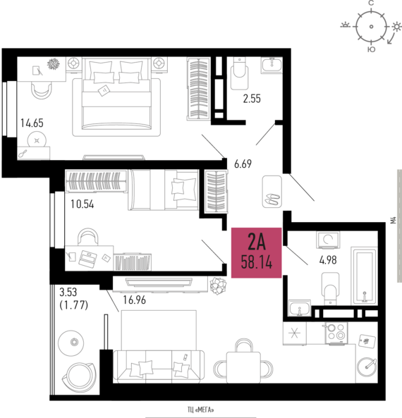 2-комнатная квартира №398 58,14 м2 от застройщика ГК ТОЧНО