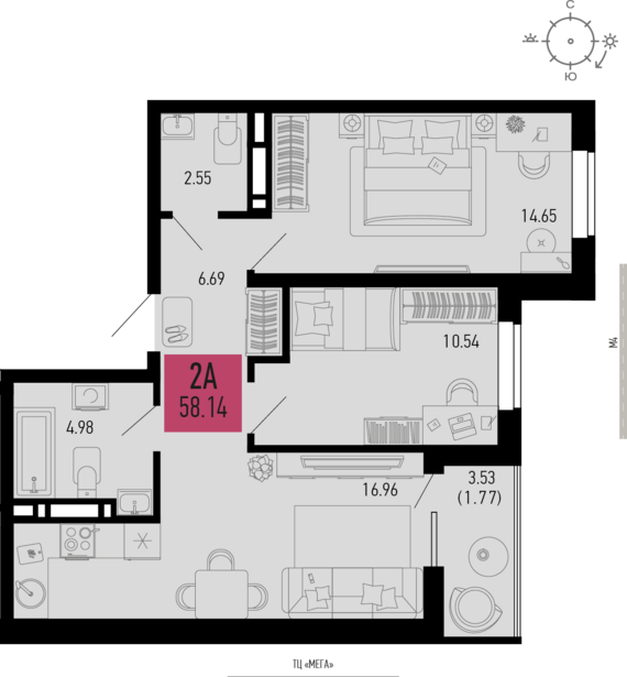 2-комнатная квартира №555 58,14 м2 от застройщика ГК ТОЧНО
