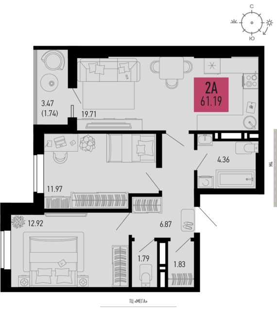 2-комнатная квартира №618 61,19 м2 от застройщика ГК ТОЧНО