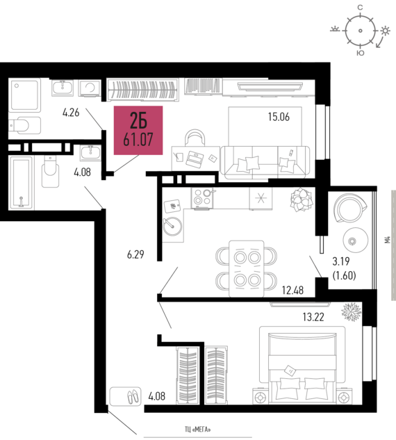 2-комнатная квартира №667 61,07 м2 от застройщика ГК ТОЧНО