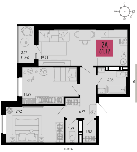 2-комнатная квартира №714 61,19 м2 от застройщика ГК ТОЧНО