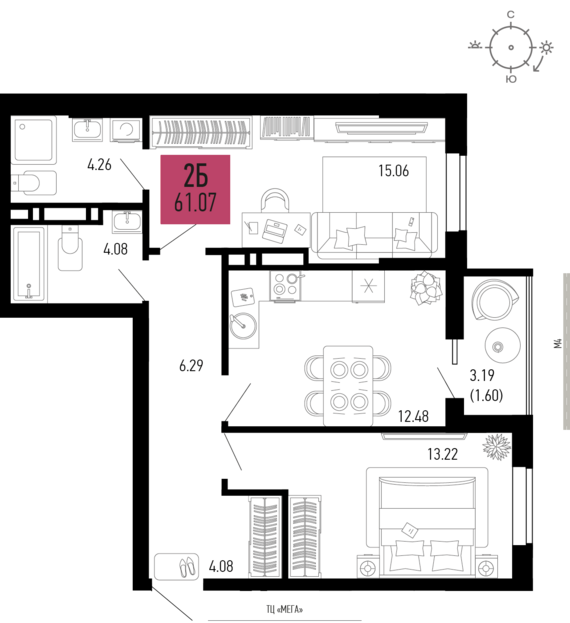 2-комнатная квартира №771 61,07 м2 от застройщика ГК ТОЧНО