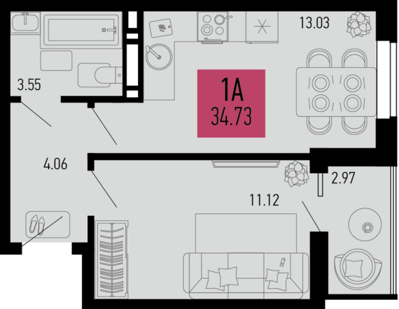 1-комнатная квартира №945 34,73 м2 от застройщика ГК ТОЧНО