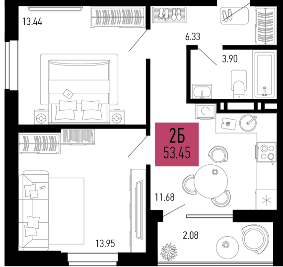 2-комнатная квартира №960 53,45 м2 от застройщика ГК ТОЧНО