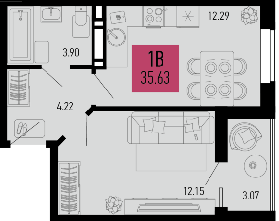 1-комнатная квартира №997 35,63 м2 от застройщика ГК ТОЧНО