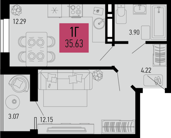 1-комнатная квартира №1061 35,63 м2 от застройщика ГК ТОЧНО