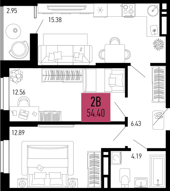 2-комнатная квартира №1072 54,4 м2 от застройщика ГК ТОЧНО
