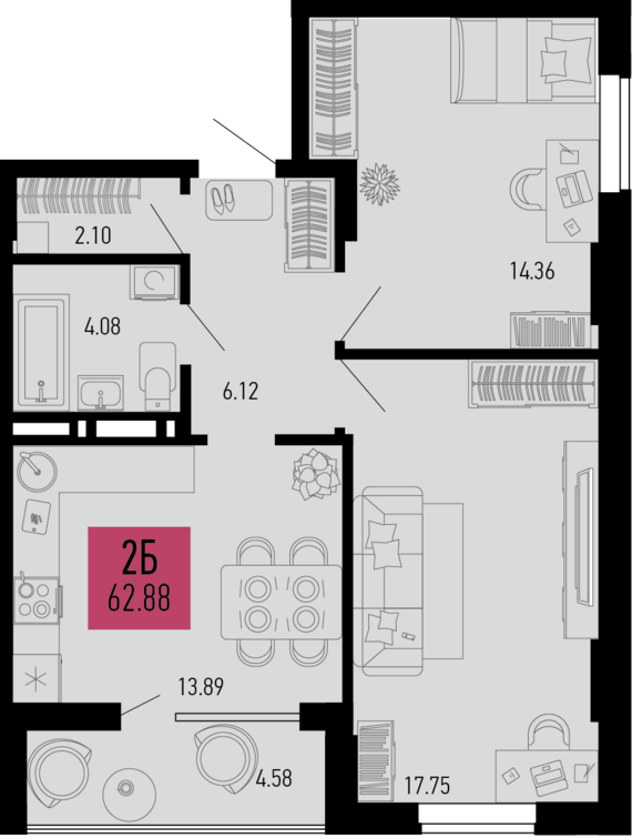 2-комнатная квартира №14 62,88 м2 от застройщика ГК ТОЧНО