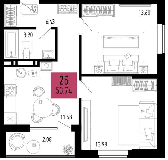 2-комнатная квартира №47 53,74 м2 от застройщика ГК ТОЧНО