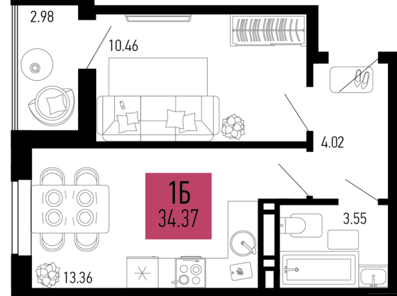 1-комнатная квартира №151 34,37 м2 от застройщика ГК ТОЧНО