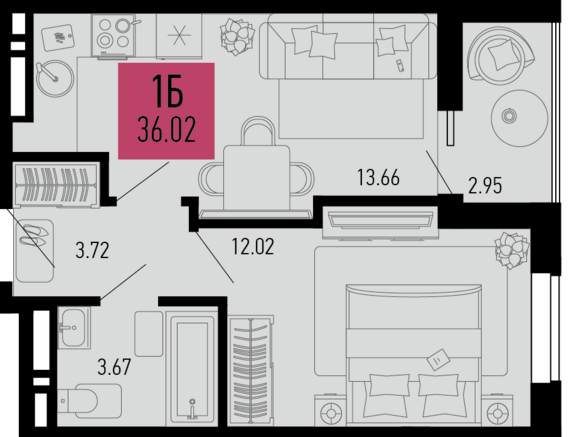 1-комнатная квартира №237 36,02 м2 от застройщика ГК ТОЧНО
