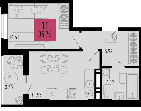 1-комнатная квартира №207 35,76 м2 от застройщика ГК ТОЧНО