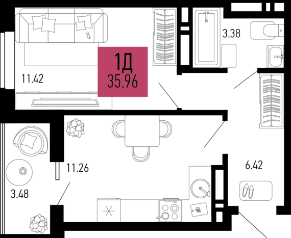1-комнатная квартира №168 35,96 м2 от застройщика ГК ТОЧНО