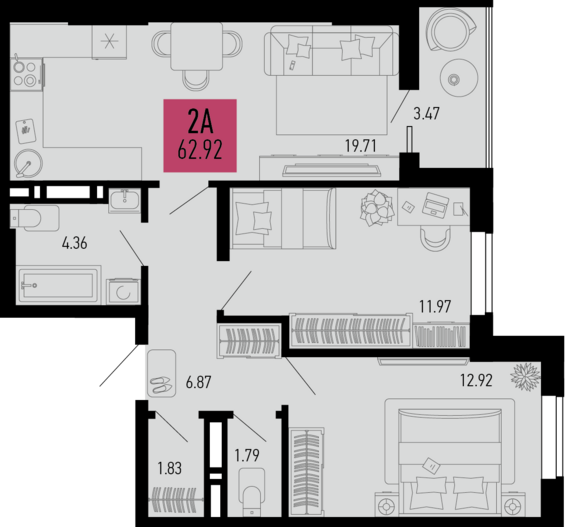 2-комнатная квартира №243 62,92 м2 от застройщика ГК ТОЧНО