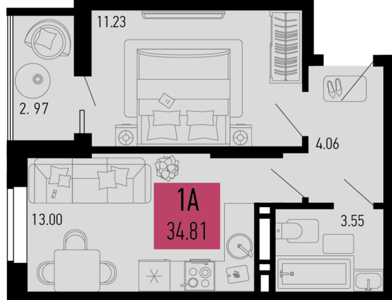 1-комнатная квартира №389 34,81 м2 от застройщика ГК ТОЧНО