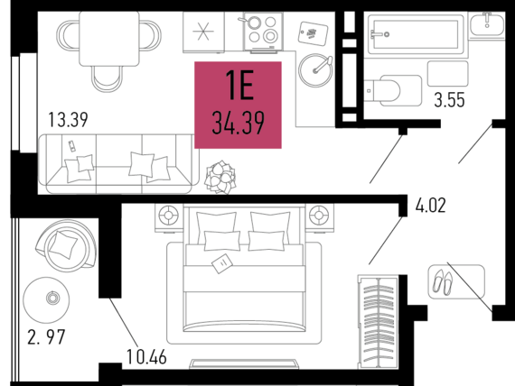 1-комнатная квартира №330 34,39 м2 от застройщика ГК ТОЧНО