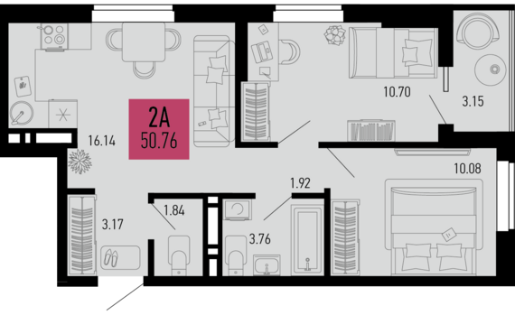 2-комнатная квартира №399 50,76 м2 от застройщика ГК ТОЧНО