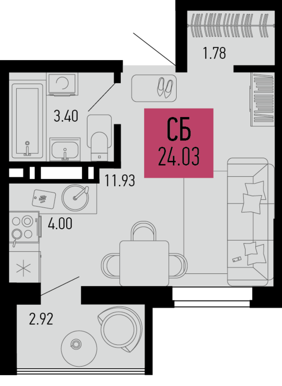 Студия №403 24,03 м2 от застройщика ГК ТОЧНО
