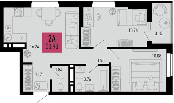 2-комнатная квартира №519 50,9 м2 от застройщика ГК ТОЧНО