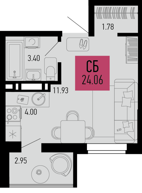 Студия №491 24,06 м2 от застройщика ГК ТОЧНО
