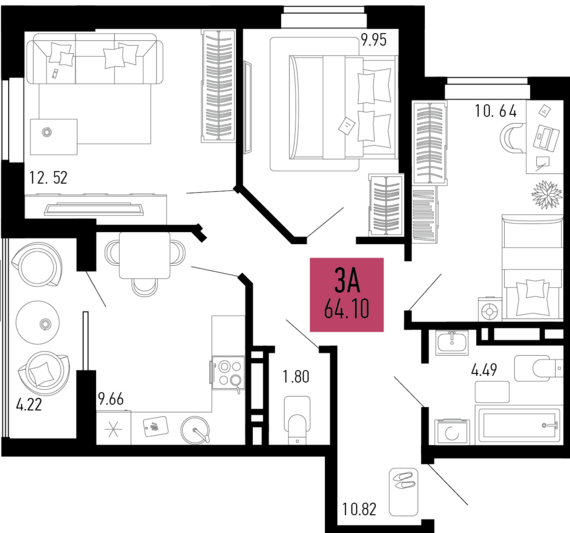 3-комнатная квартира №580 64,1 м2 от застройщика ГК ТОЧНО