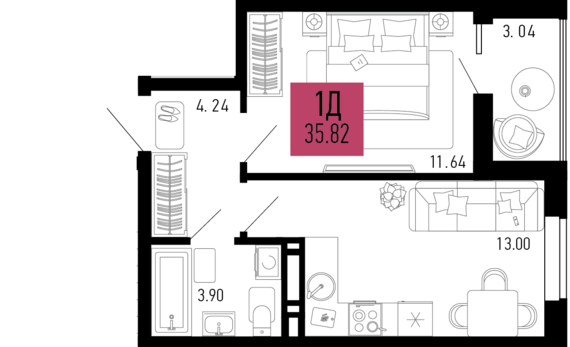 1-комнатная квартира №542 35,82 м2 от застройщика ГК ТОЧНО
