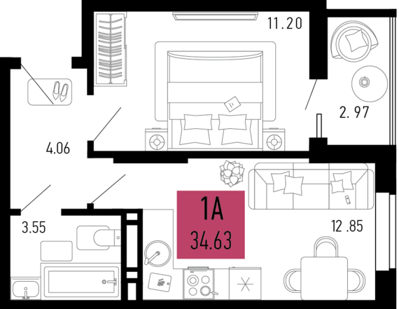 1-комнатная квартира №544 34,63 м2 от застройщика ГК ТОЧНО