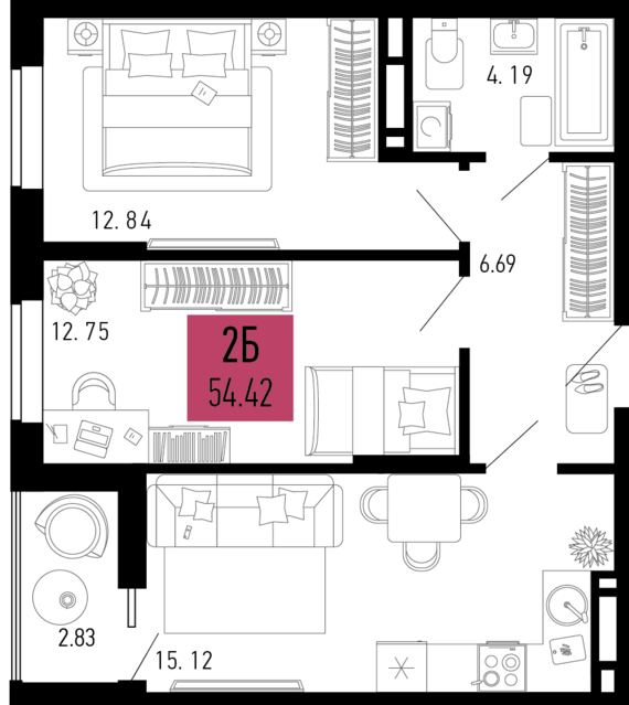 2-комнатная квартира №678 54,42 м2 от застройщика ГК ТОЧНО