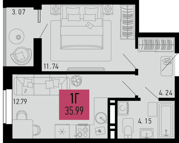1-комнатная квартира №679 34,46 м2 от застройщика ГК ТОЧНО