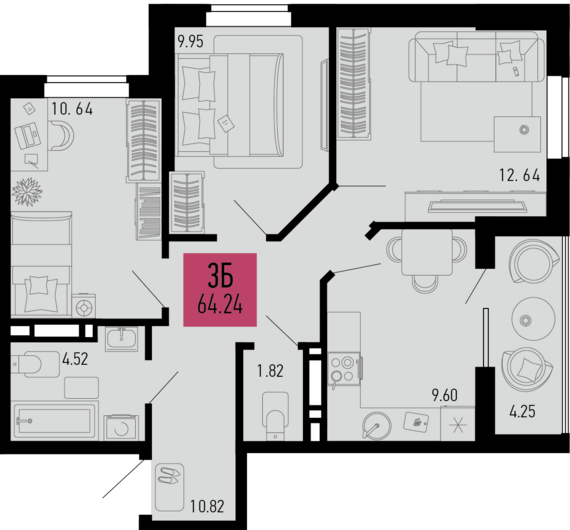 3-комнатная квартира №681 64,24 м2 от застройщика ГК ТОЧНО