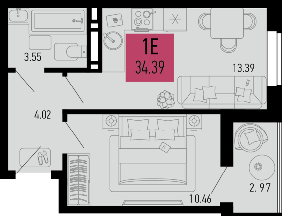 1-комнатная квартира №703 34,39 м2 от застройщика ГК ТОЧНО