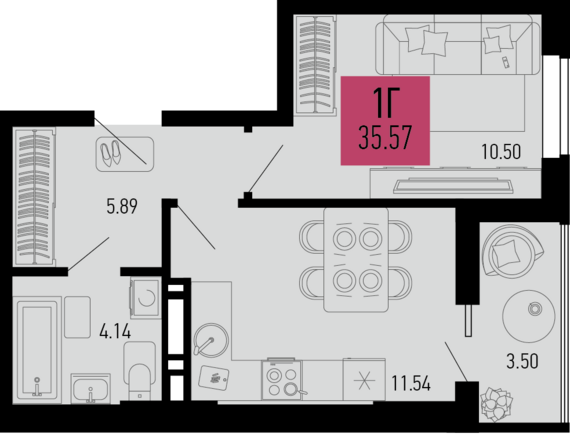 1-комнатная квартира №706 35,57 м2 от застройщика ГК ТОЧНО