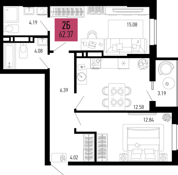 2-комнатная квартира №711 62,37 м2 от застройщика ГК ТОЧНО