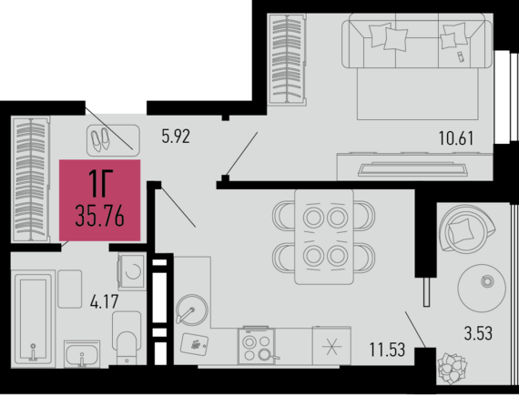 1-комнатная квартира №810 35,76 м2 от застройщика ГК ТОЧНО