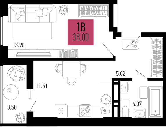 1-комнатная квартира №827 38 м2 от застройщика ГК ТОЧНО