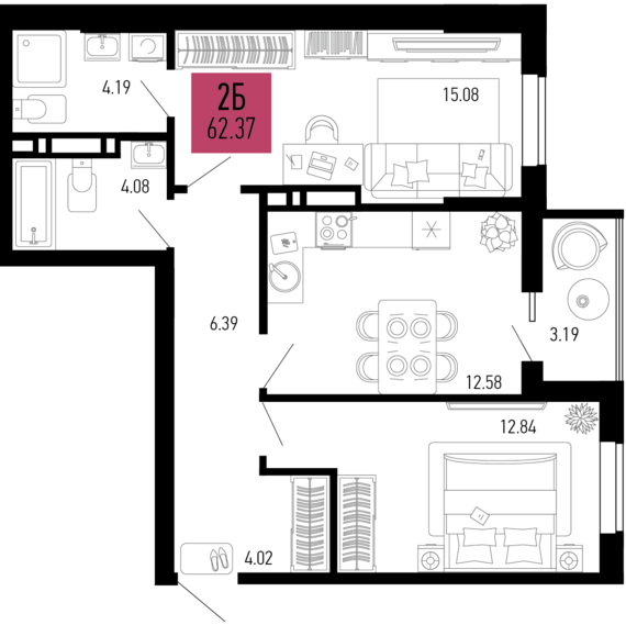 2-комнатная квартира №831 62,37 м2 от застройщика ГК ТОЧНО