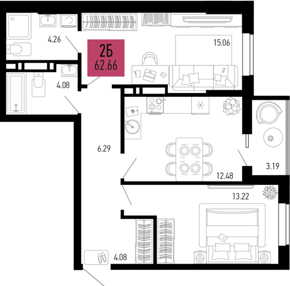 2-комнатная квартира №895 62,66 м2 от застройщика ГК ТОЧНО