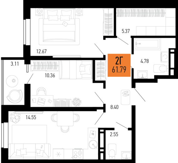 2-комнатная квартира №31 61,79 м2 от застройщика ГК ТОЧНО