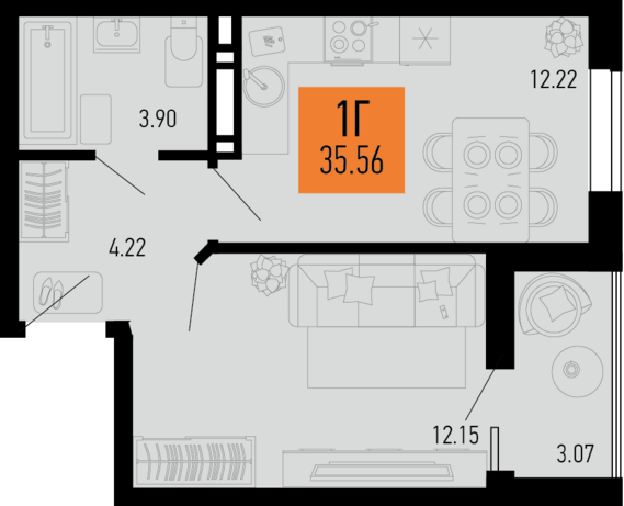 1-комнатная квартира №24 35,56 м2 от застройщика ГК ТОЧНО