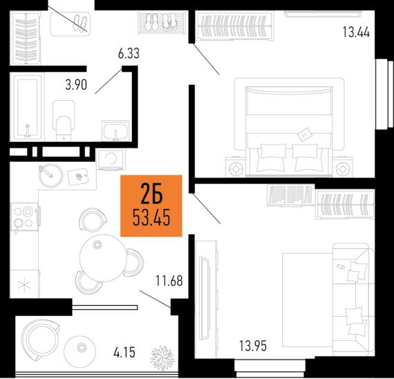 2-комнатная квартира №35 53,45 м2 от застройщика ГК ТОЧНО